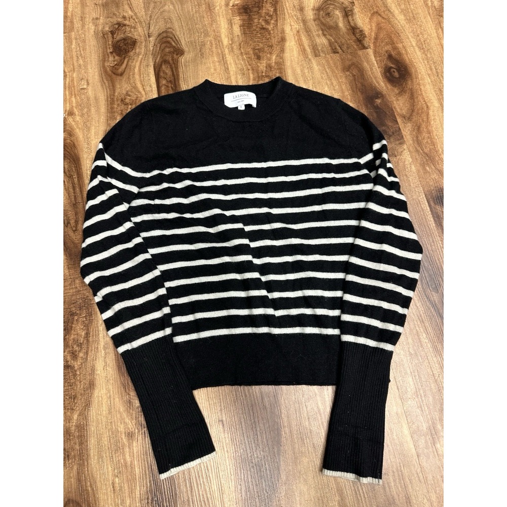 La Ligne Sweater Lean Lines Crewneck in Black White Striped Cashmere Small